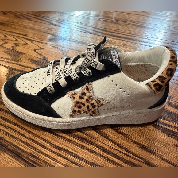 Vintage Havana Girl's Bailey Star Sneakers - Black, White, and Leopard, Size 12 - Picture 8 of 14
